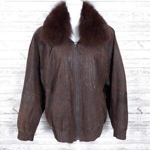 Radlee Real Fox Fur Leather Womens Coat L Textured Brown CL